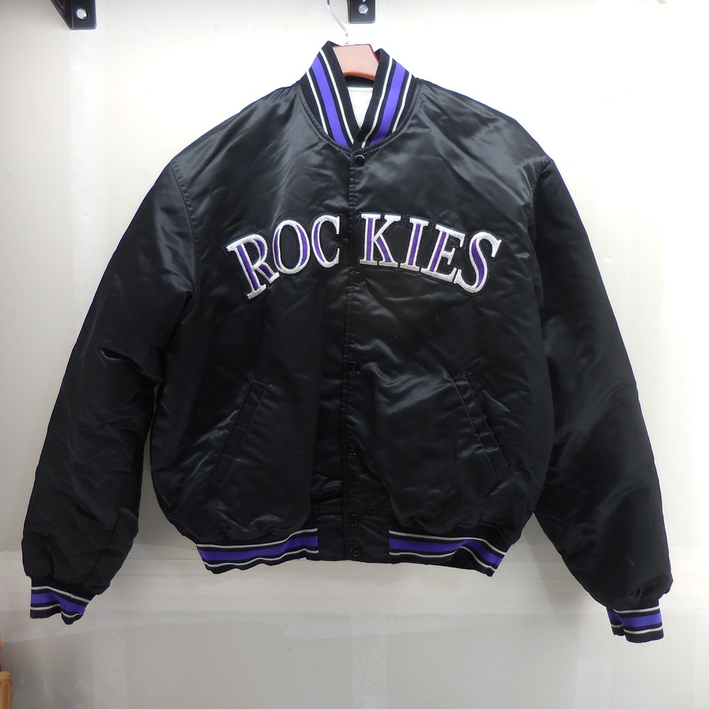 Vintage 90s Starter Diamond Colorado Rockies Black Satin Bomber Jacket Mens XL